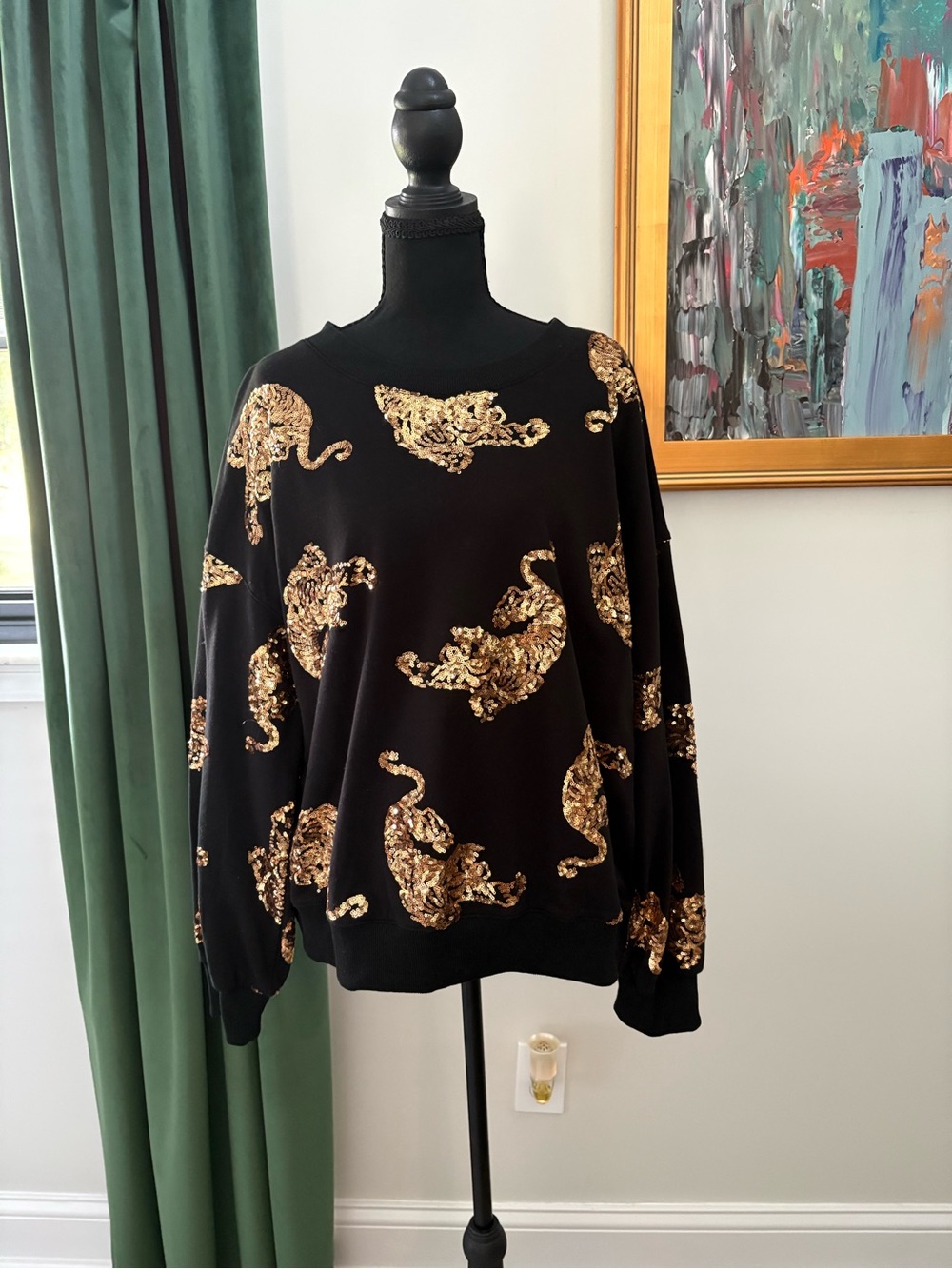 Black Sweatshirt with Gold Sequin Leopard Motif